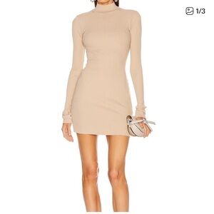 Cotton Citizen Beige Ribbed Turtleneck Mini Dress